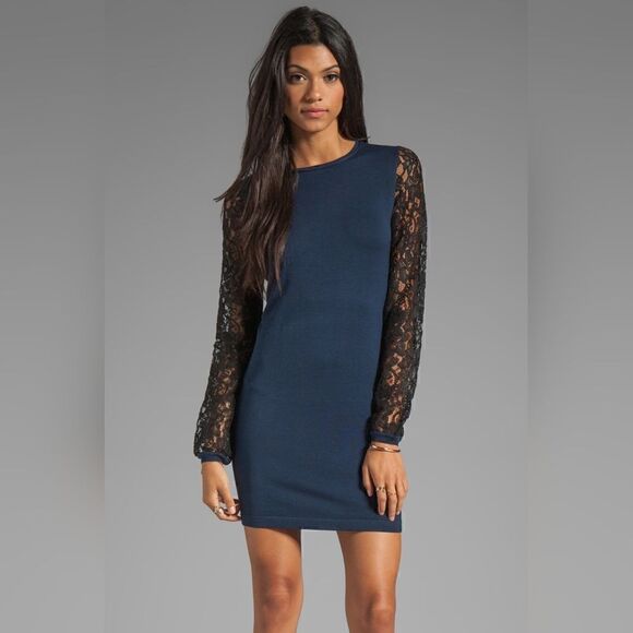 Diane Von Furstenberg Kivel Lace Silk Dress in Marine Blue Black, sz M EUC - Picture 1 of 14
